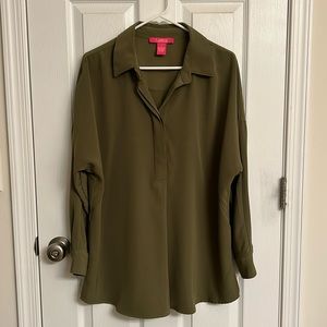 Catherine Malandrino Olive Green Blouse Back Pleat Side Split Hem Size Large EUC